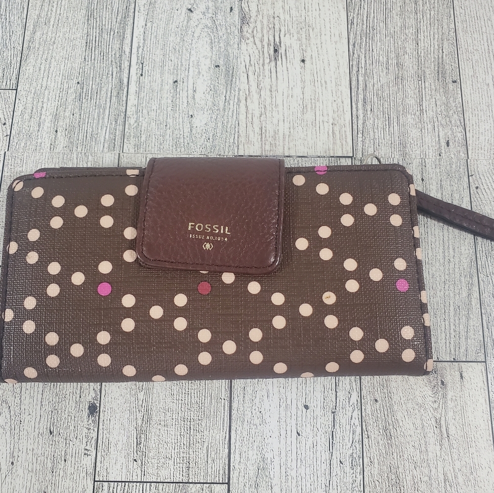 Fossil Brown Polka Dot Large Long Wallet Snap